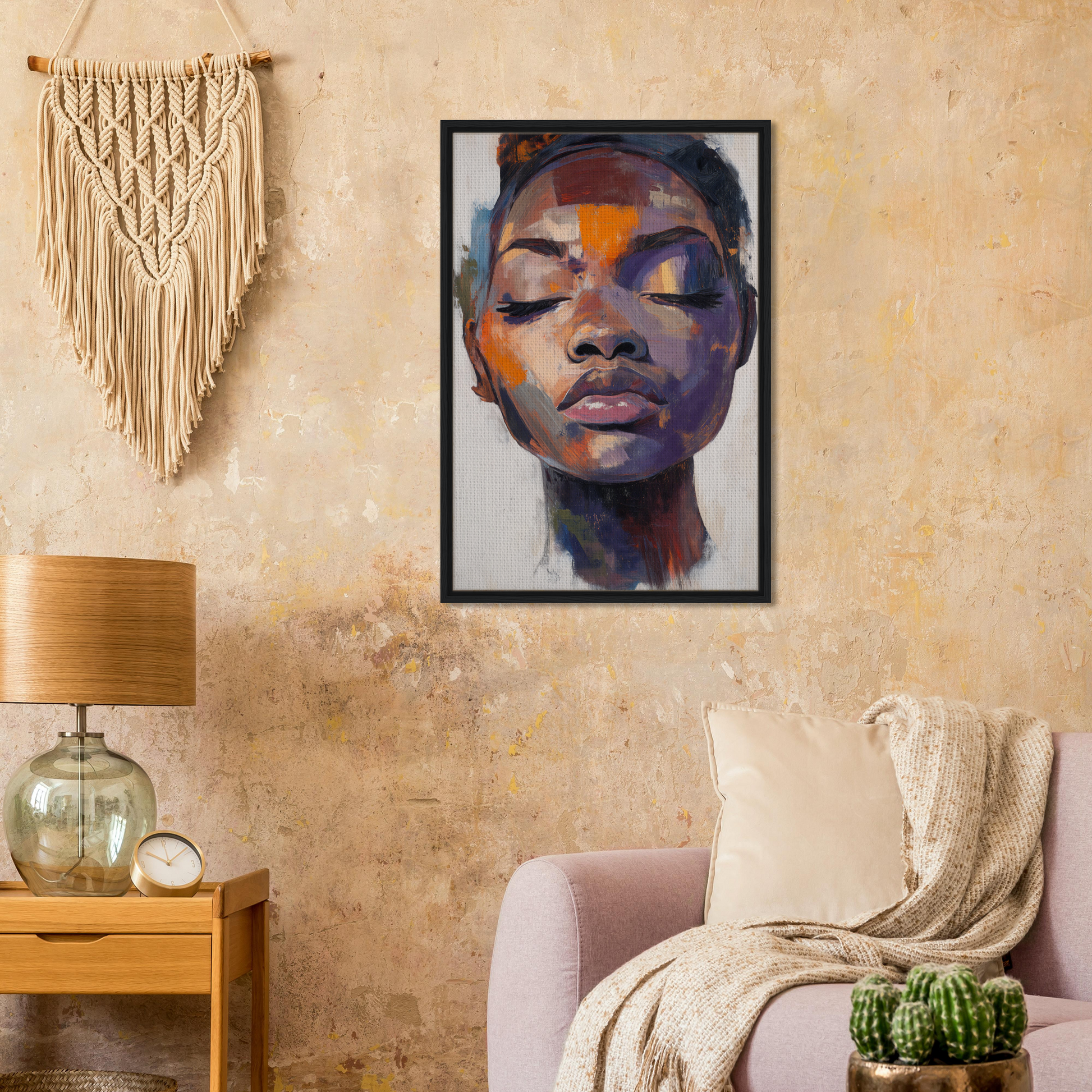 Framed portrait painting from Mystic Palette Reverie showcasing colorful facial features