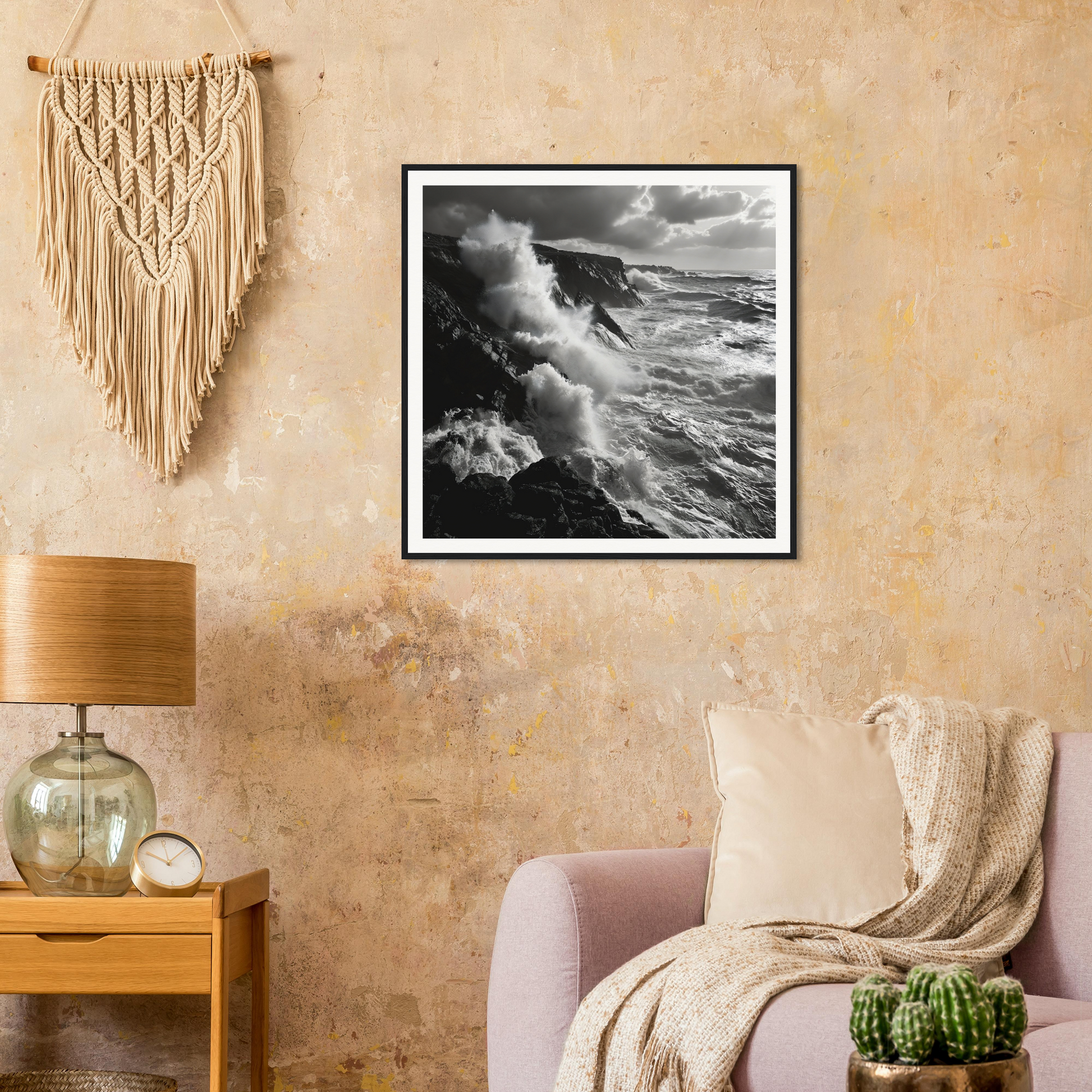 Black and white crashing ocean waves on rocky cliffs for Mystic Tempest Waltz framed poster