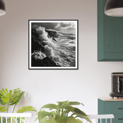 Black and white art of crashing waves and cliffs in Mystic Tempest Waltz framed poster