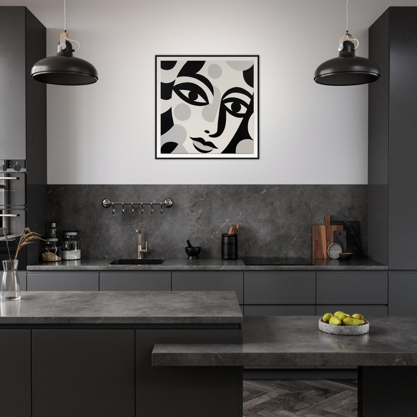 Modern black and grey kitchen featuring Mystic Visage Encounter framed poster art