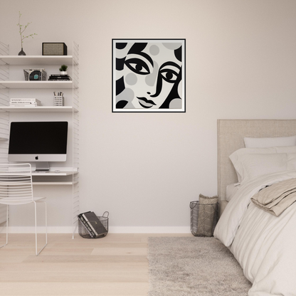 Abstract black and white geometric face art in Mystic Visage Encounter framed poster art