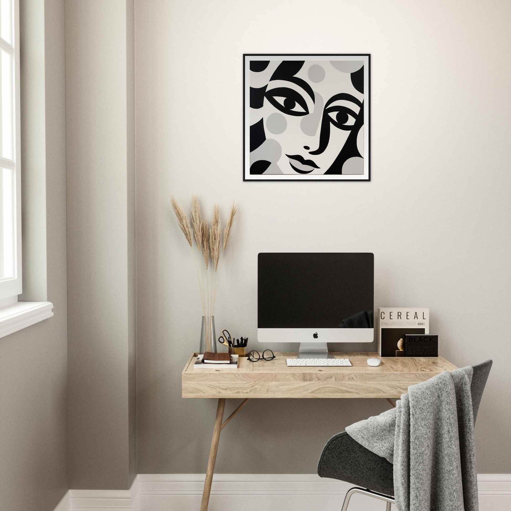 Minimalist black and white abstract face artwork from Mystic Visage Encounter framed poster art