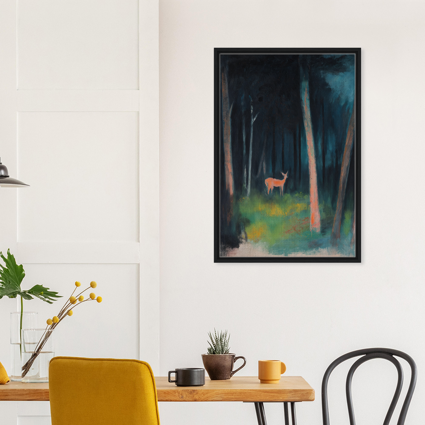 Framed painting of a deer in a dark forest for the Mystical Deer Realm room decor