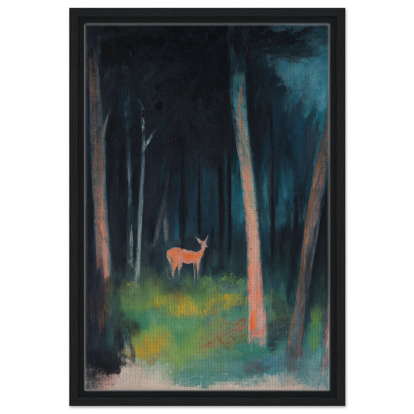 Deer in a dark forest clearing, showcasing the Mystical Deer Realm framed canvas print