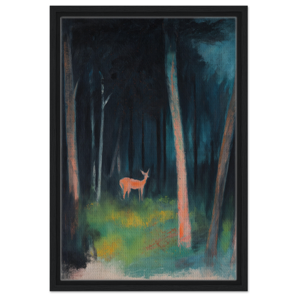 Deer in a dark forest clearing, showcasing the Mystical Deer Realm framed canvas print