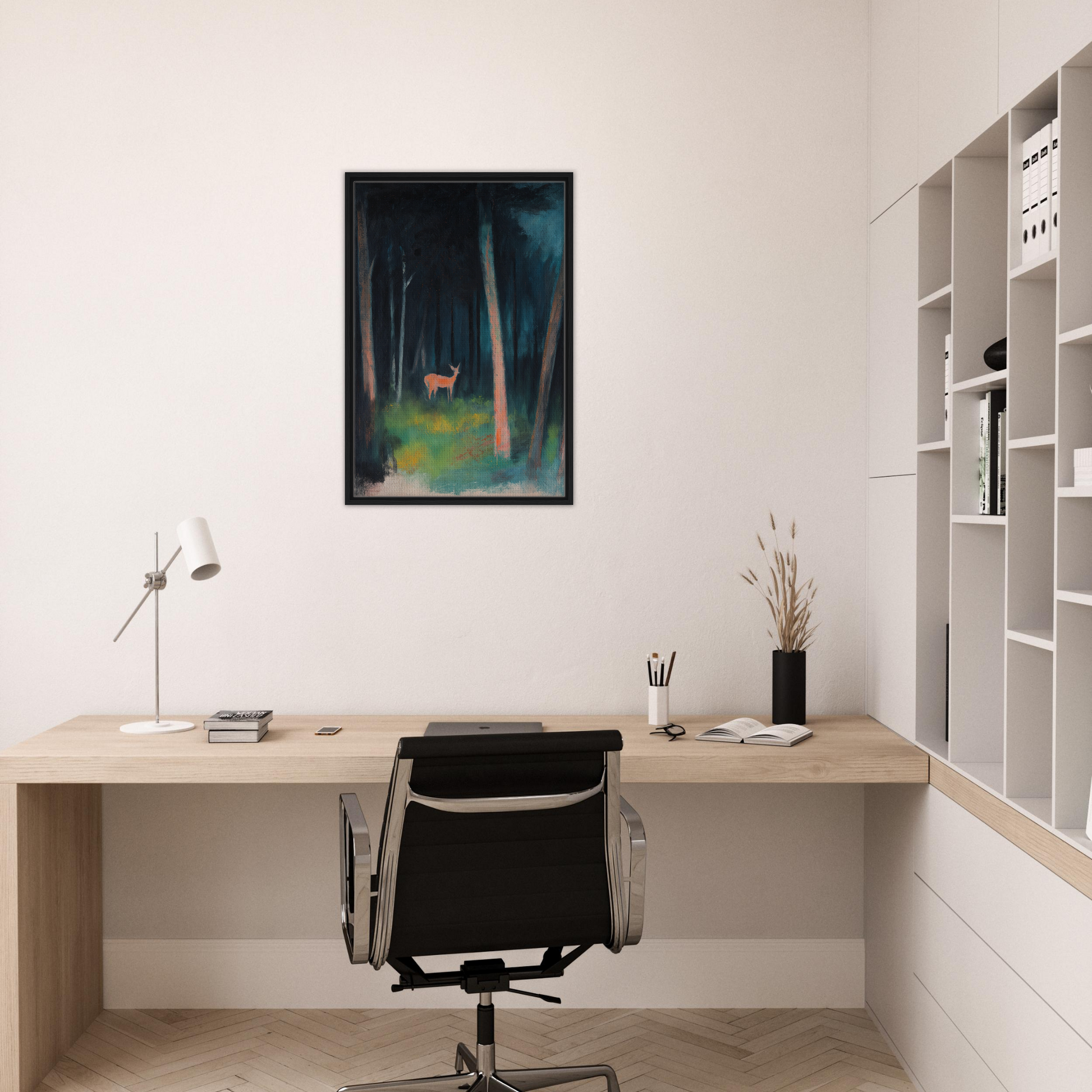 Minimalist home office with wooden desk, black chair, and Mystical Deer Realm artwork