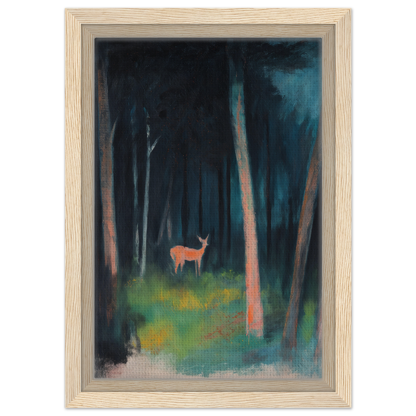 Framed painting of a deer in a dark forest for Mystical Deer Realm room decor