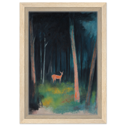 Framed painting of a deer in a dark forest for Mystical Deer Realm room decor