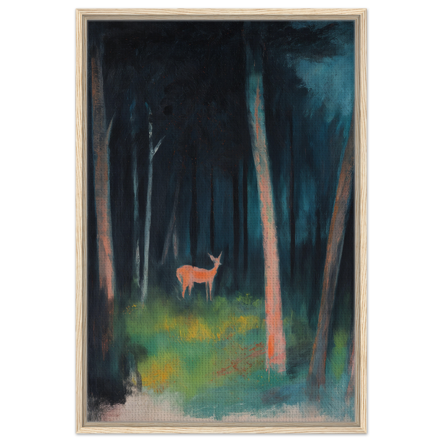 Majestic deer in a dark forest clearing, featured in Mystical Deer Realm framed canvas print