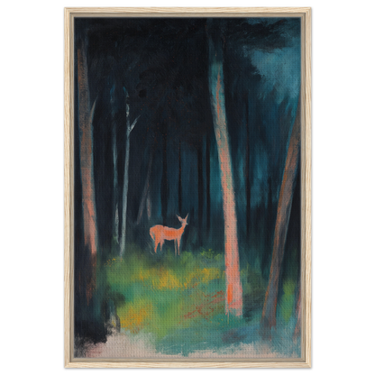 Majestic deer in a dark forest clearing, featured in Mystical Deer Realm framed canvas print