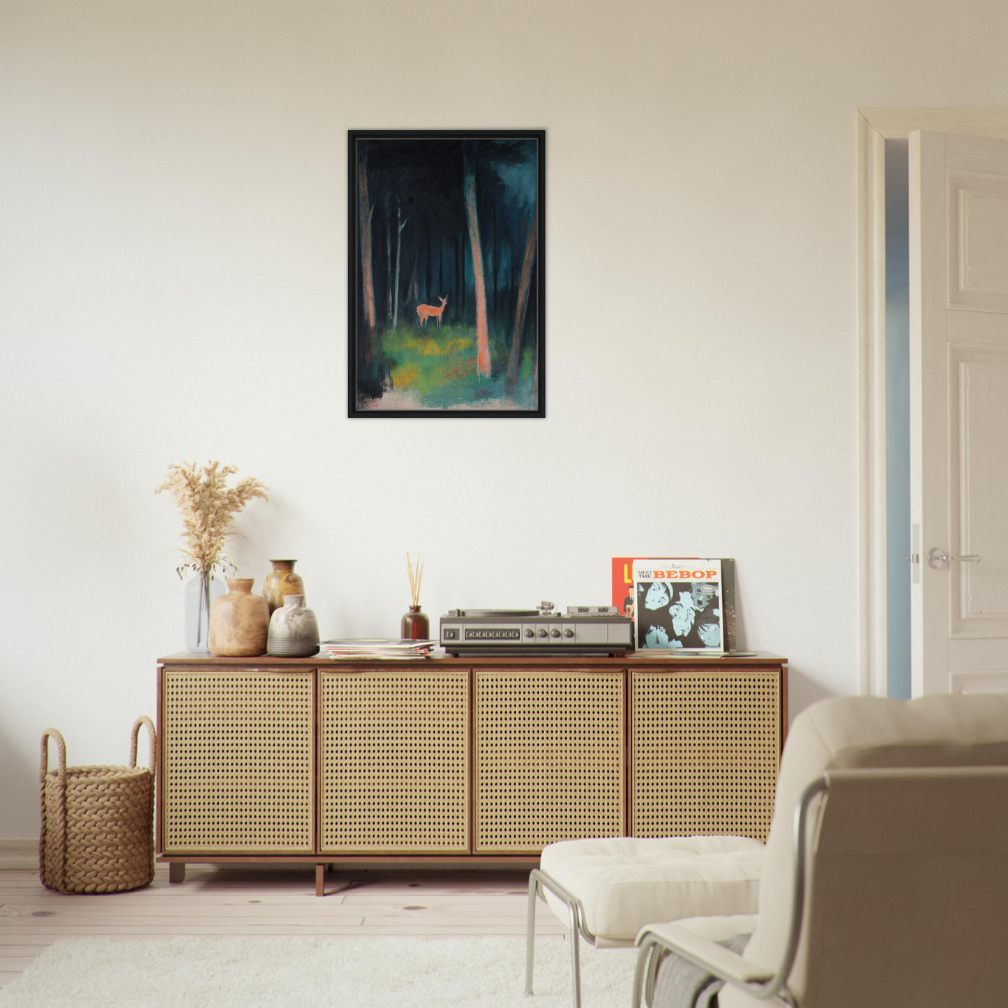 Wooden sideboard with cane-webbed doors in Mystical Deer Realm room decor