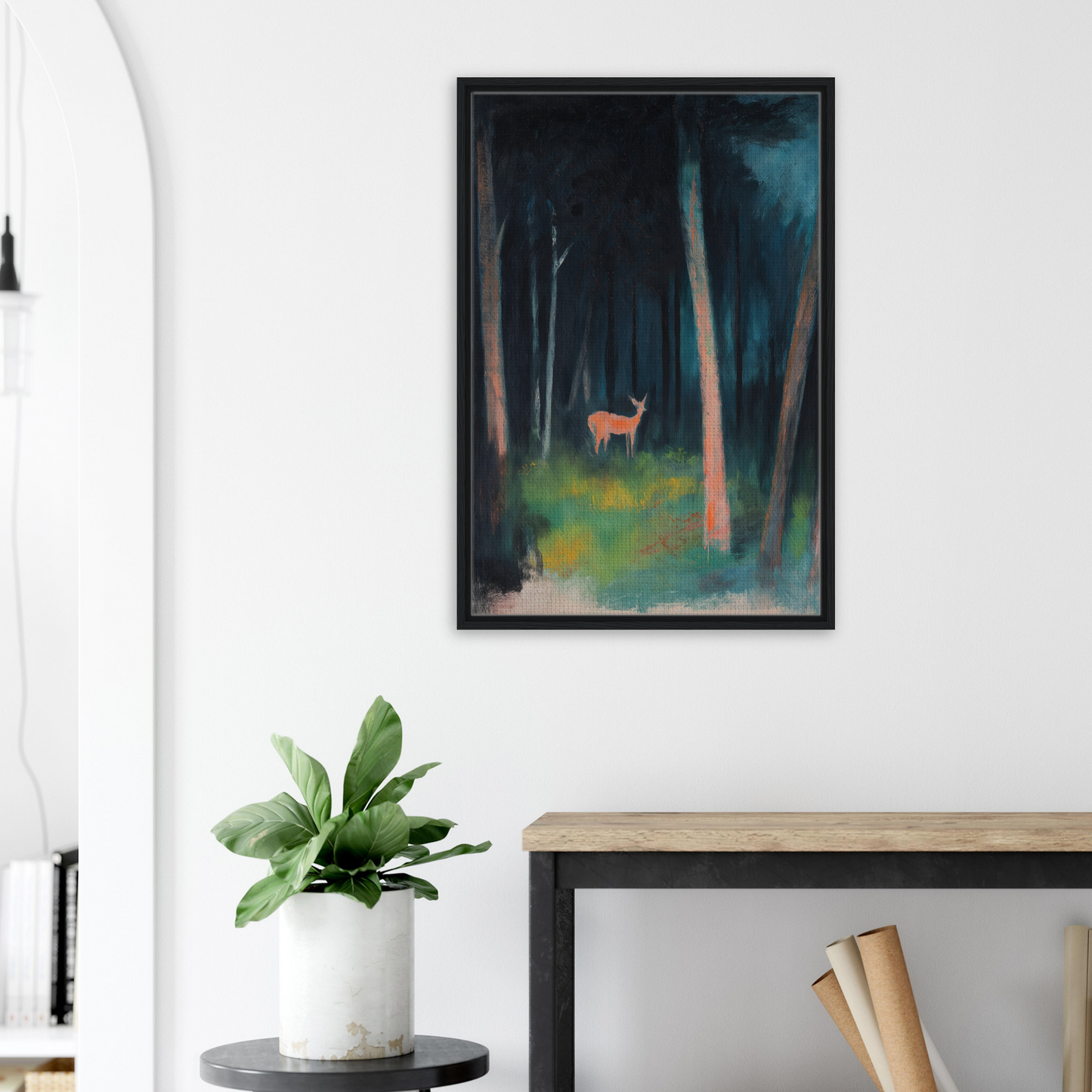 Framed canvas print of a deer in a misty forest from the Mystical Deer Realm