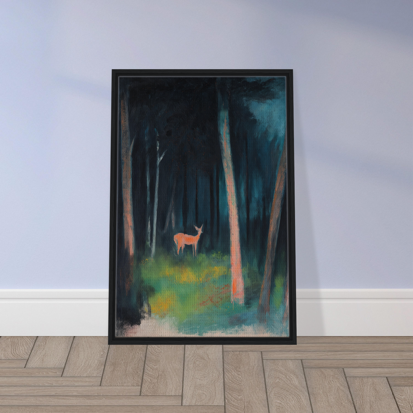 Framed canvas print of a deer in a dark forest from the Mystical Deer Realm collection