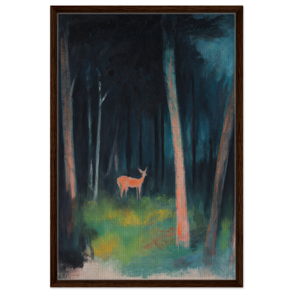 Deer standing alone in a dark forest of Mystical Deer Realm framed canvas print