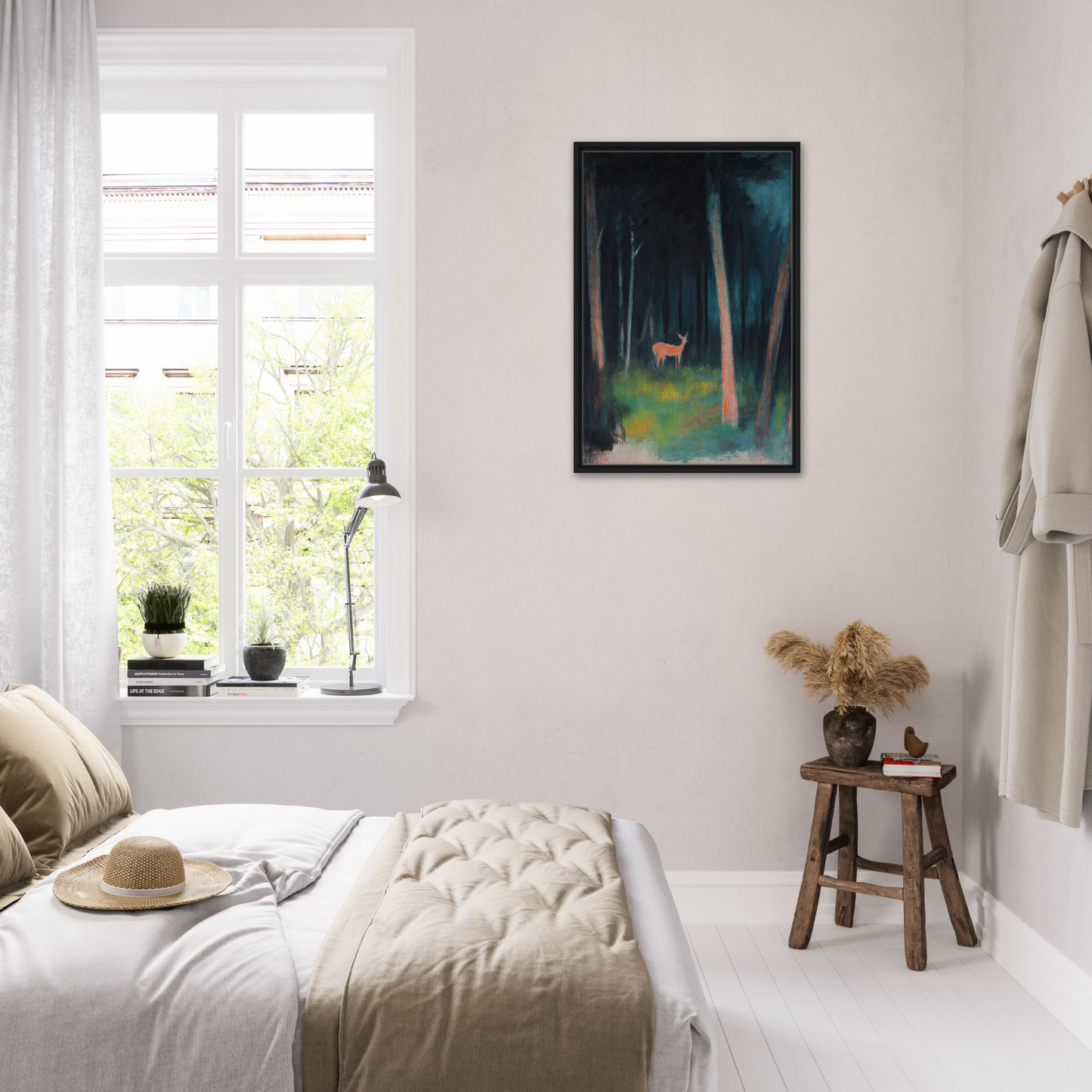 Cozy bedroom featuring white bedding and framed forest artwork in Mystical Deer Realm decor