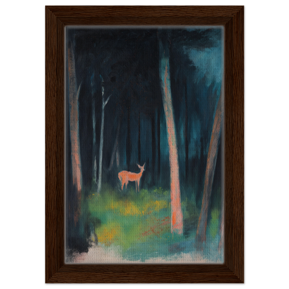 Deer in a dark forest clearing featured in Mystical Deer Realm framed canvas print