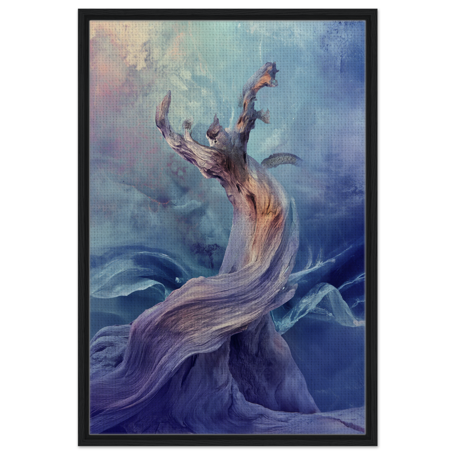 Twisted tree-like form in mists for Mystical Organic Dance framed canvas print