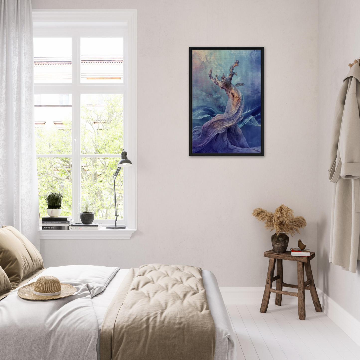 Serene bedroom featuring Mystical Organic Dance room decor with soft colors and art