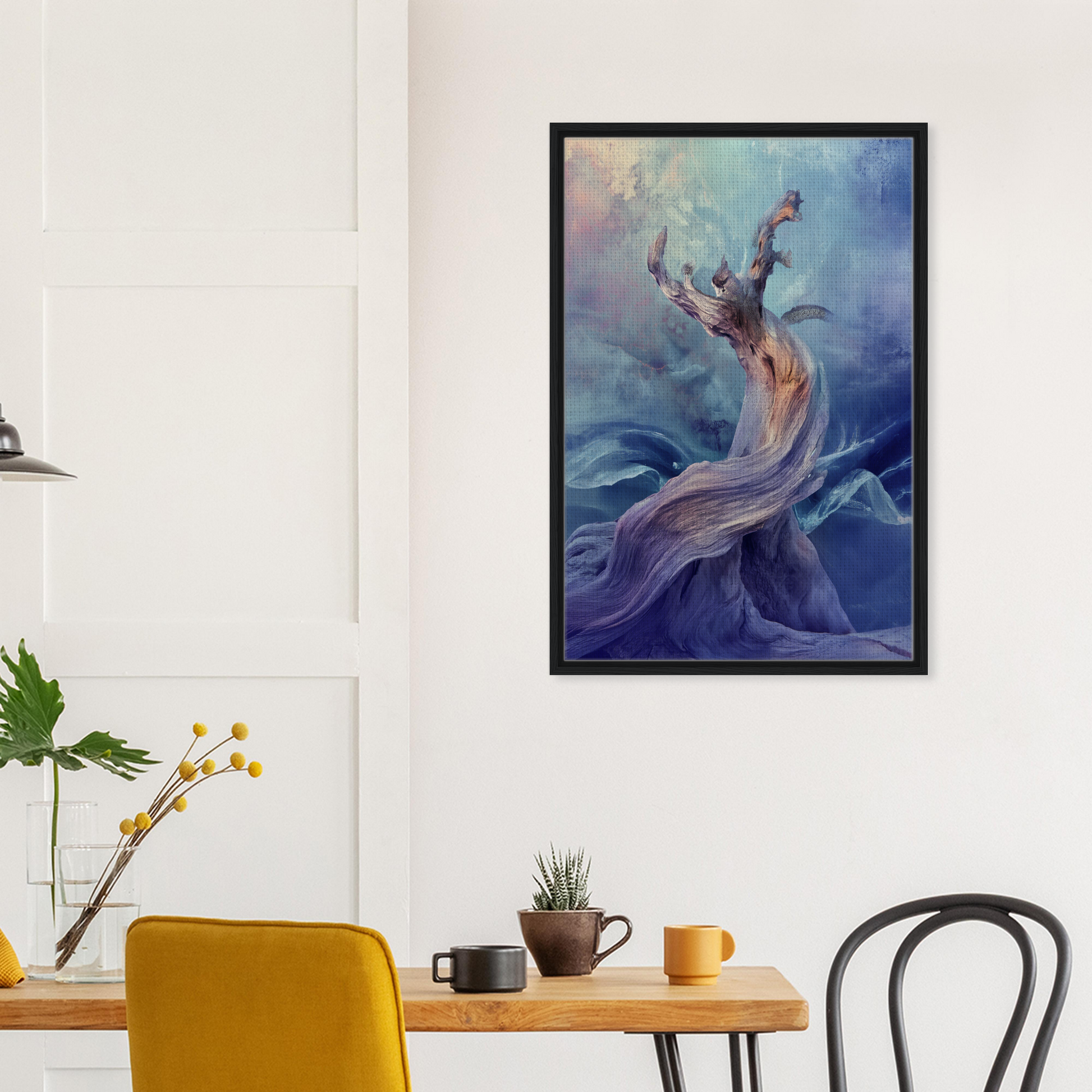 Framed canvas print of a mystical organic dance featuring an ethereal figure in purple robes