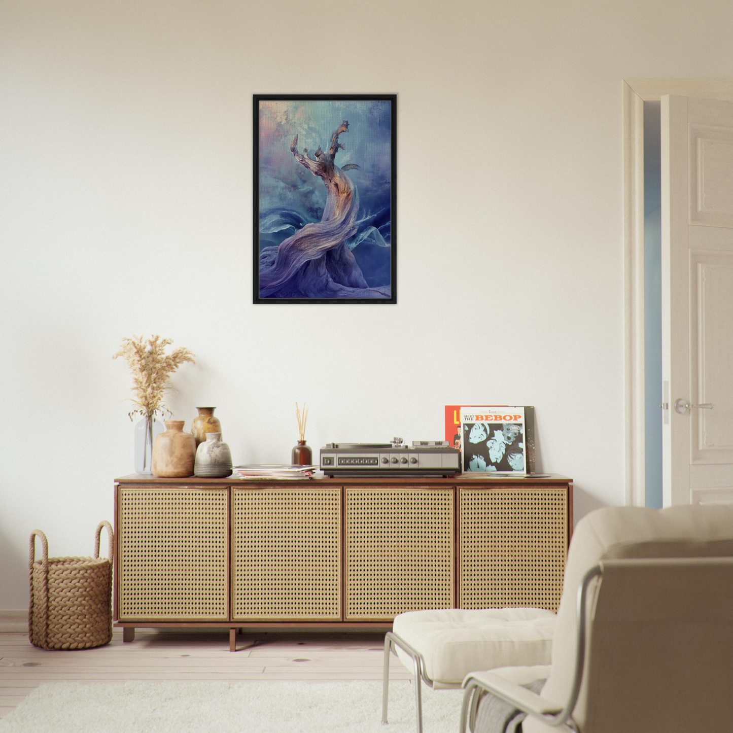 Framed canvas print of a mermaid in swirling blue waters, titled Mystical Organic Dance