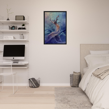 Framed canvas print of a mermaid in blue and purple hues, mystical organic dance art