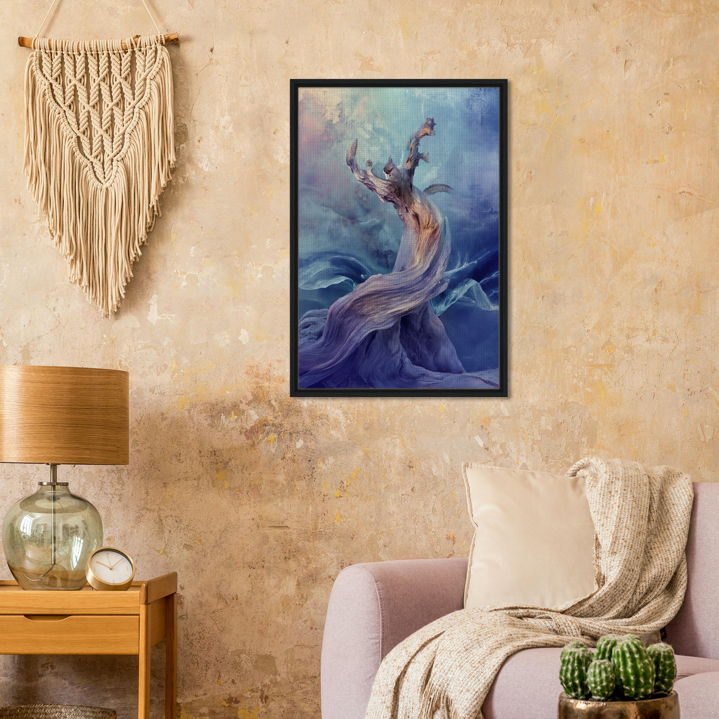 Framed canvas print of a graceful figure in a mystical organic dance reaching upward