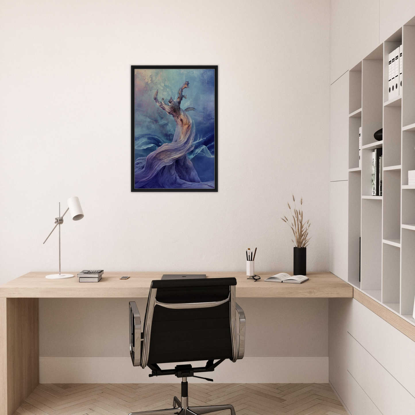 Minimalist home office workspace featuring Mystical Organic Dance as stylish room decor