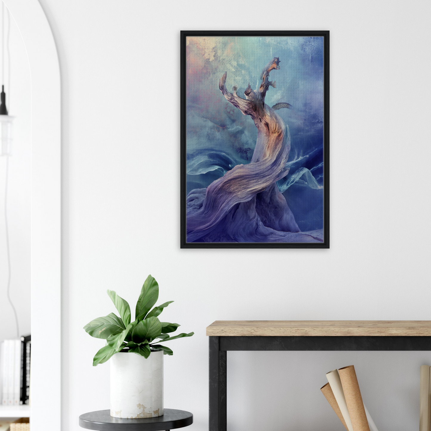 Framed canvas print of a mermaid in a mystical organic dance, emerging from swirling waters