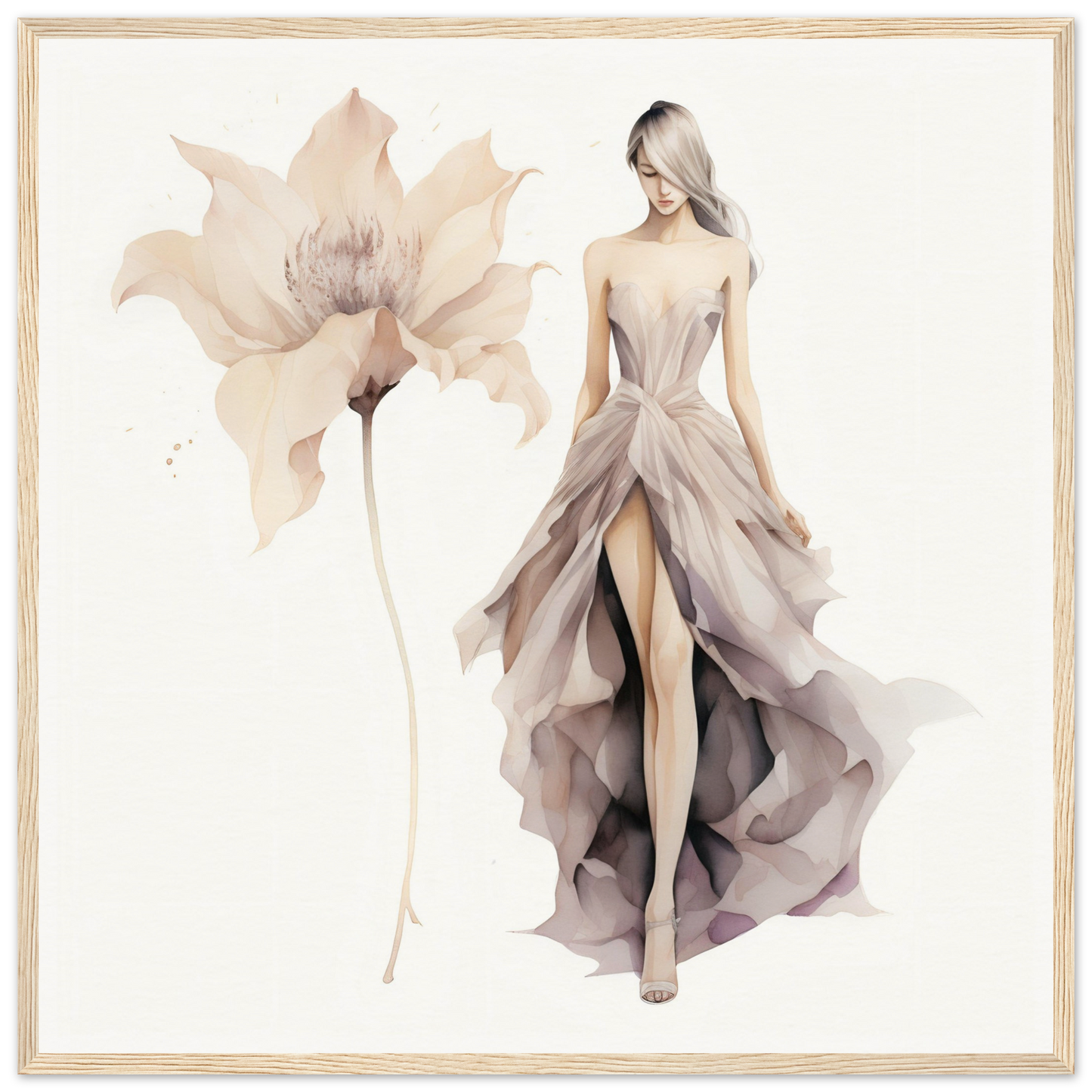 Elegant fashion illustration of a woman in a flowing, high-slit evening gown alongside a delicate flower sketch.