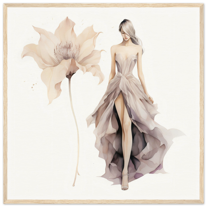 Elegant fashion illustration of a woman in a flowing, high-slit evening gown alongside a delicate flower sketch.