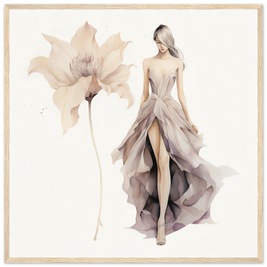 Elegant fashion illustration of a woman in a flowing, high-slit evening gown alongside a delicate flower sketch.