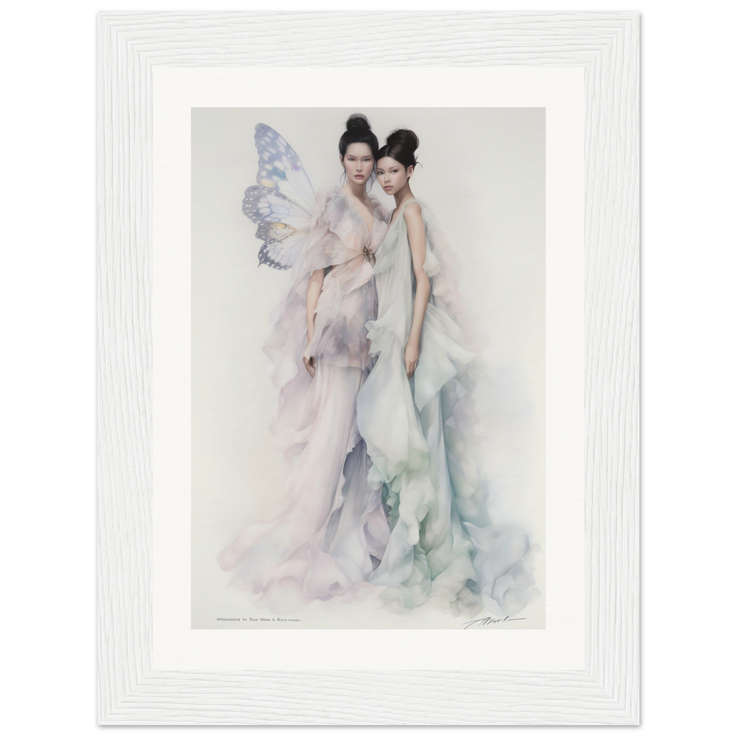 Watercolor painting of two ethereal figures with wings in flowing dresses.