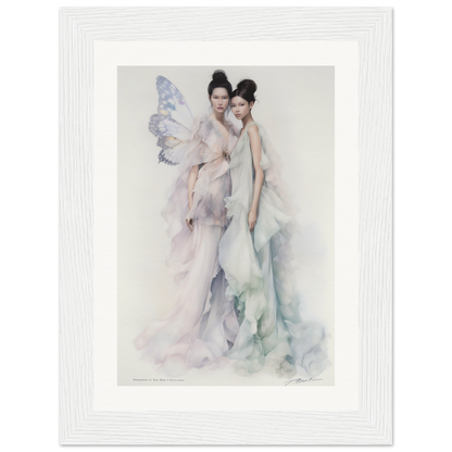 Watercolor painting of two ethereal figures with wings in flowing dresses.