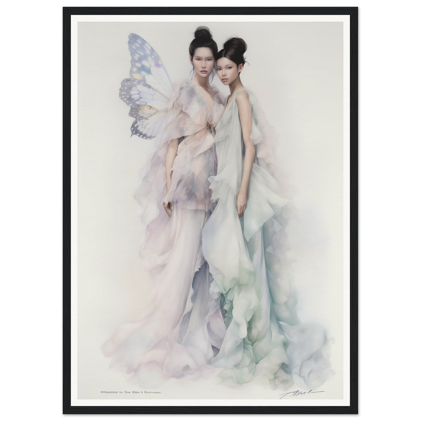 Ethereal painting of two graceful figures, one with delicate butterfly wings, in flowing pastel gowns.