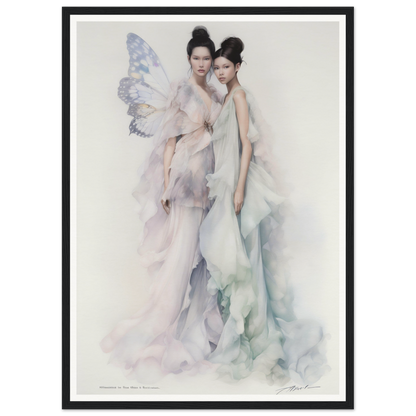 Ethereal painting of two graceful figures, one with delicate butterfly wings, in flowing pastel gowns.