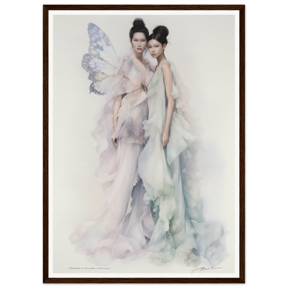 Ethereal painting of two graceful women, one with delicate butterfly wings.