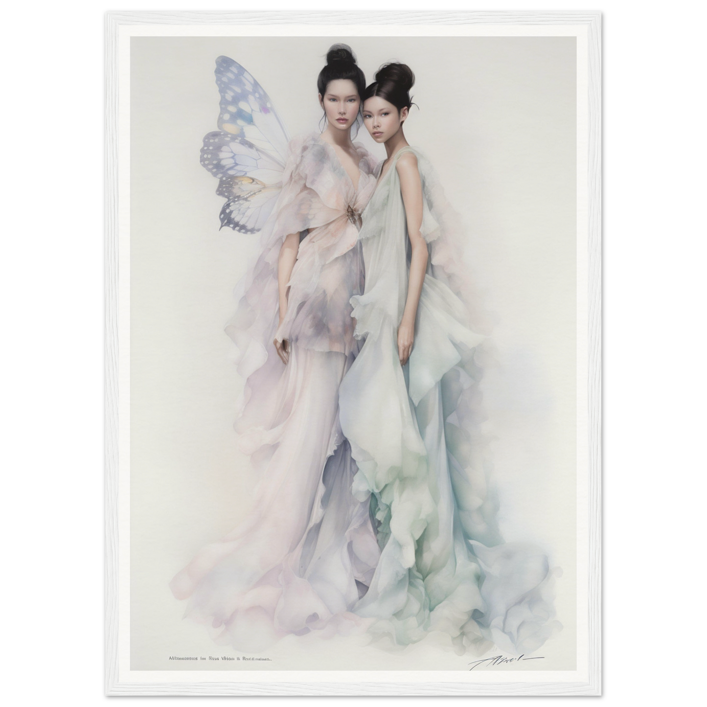 Ethereal painting of two graceful figures with butterfly-like wings in flowing, pastel-colored gowns.