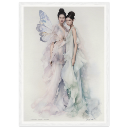 Ethereal painting of two graceful figures with butterfly-like wings in flowing, pastel-colored gowns.