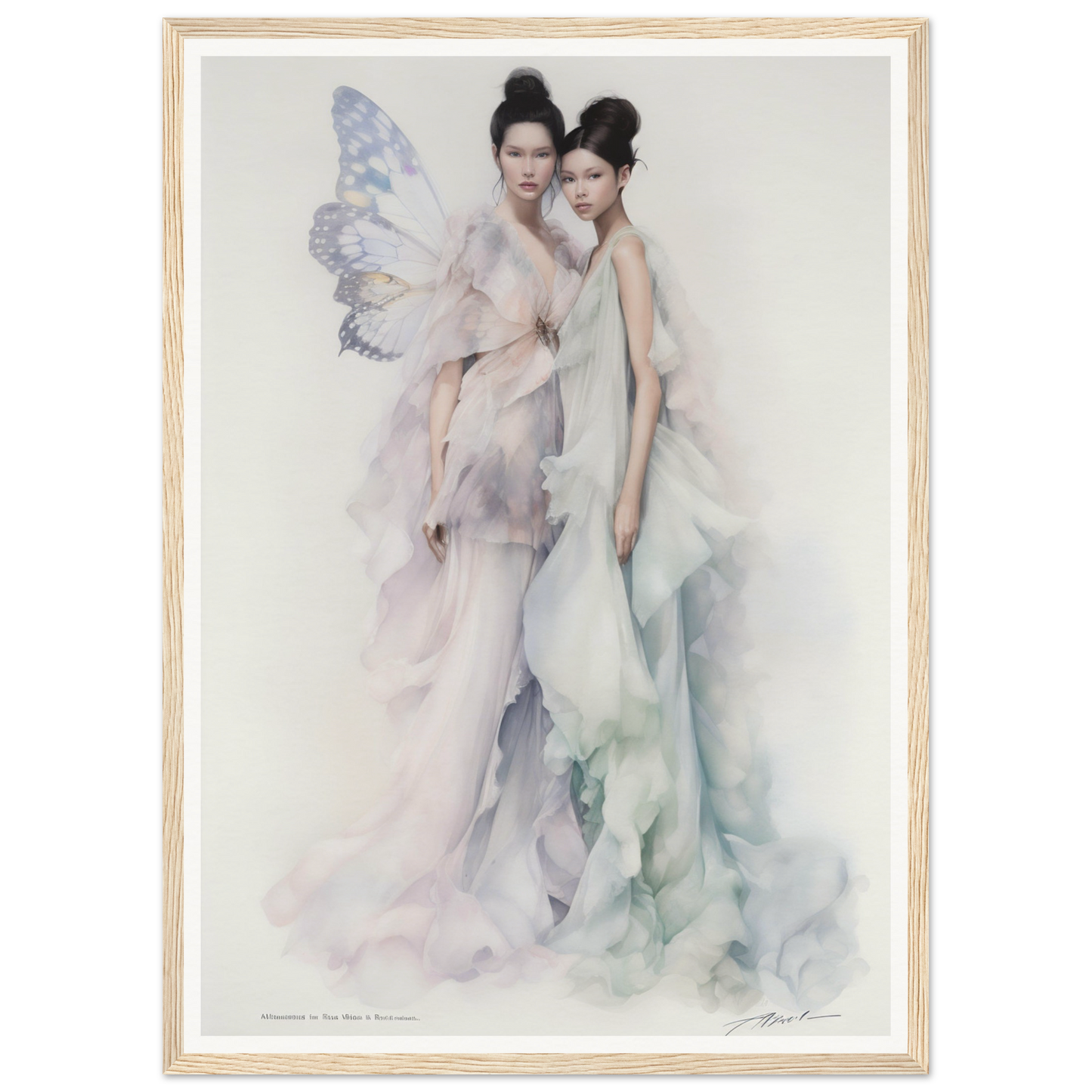 Ethereal painting of two women in flowing gowns, one with delicate butterfly wings.