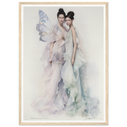 Ethereal painting of two women in flowing gowns, one with delicate butterfly wings.