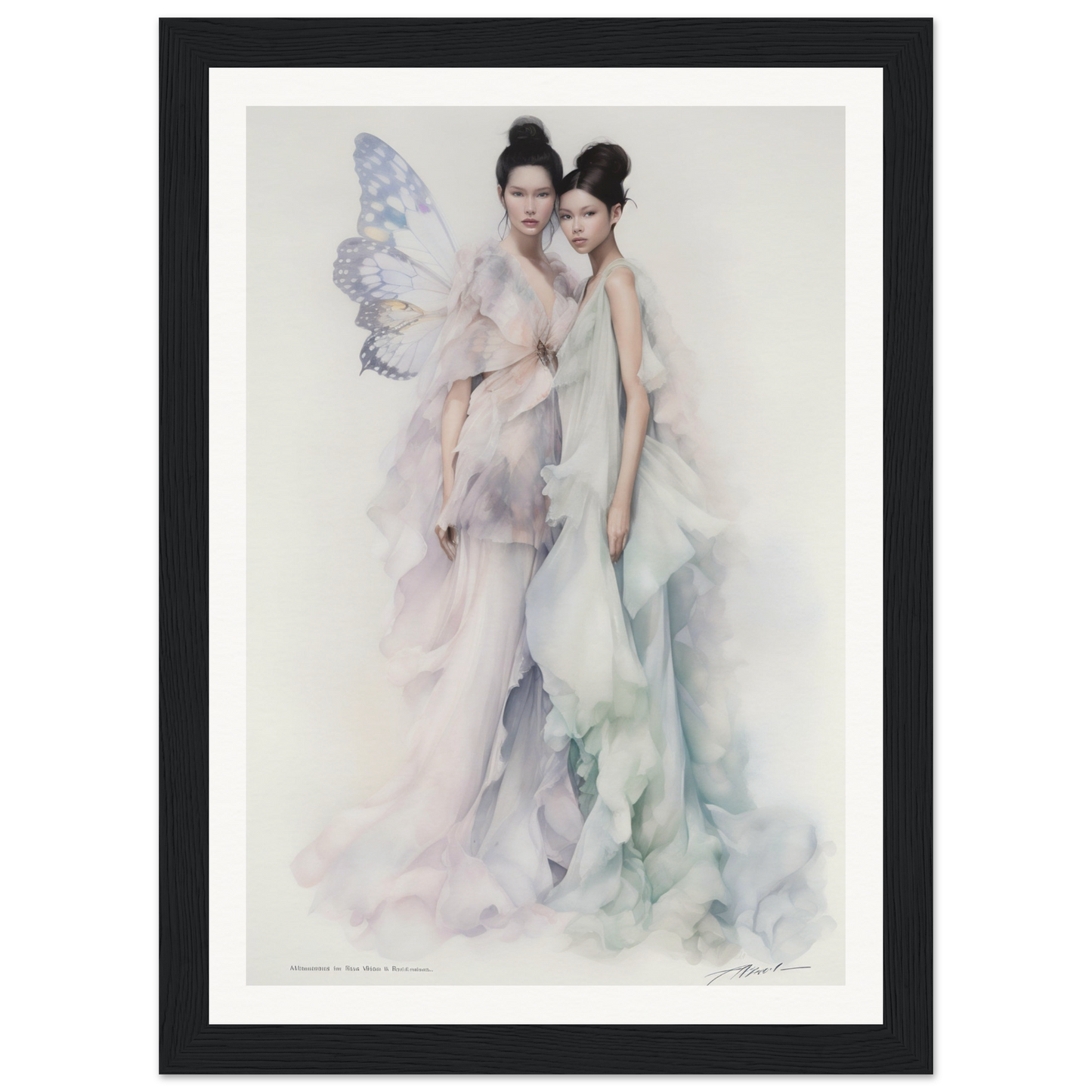 Ethereal painting of two figures in flowing, pastel-colored gowns with fairy-like qualities.