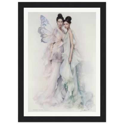 Ethereal painting of two figures in flowing, pastel-colored gowns with fairy-like qualities.