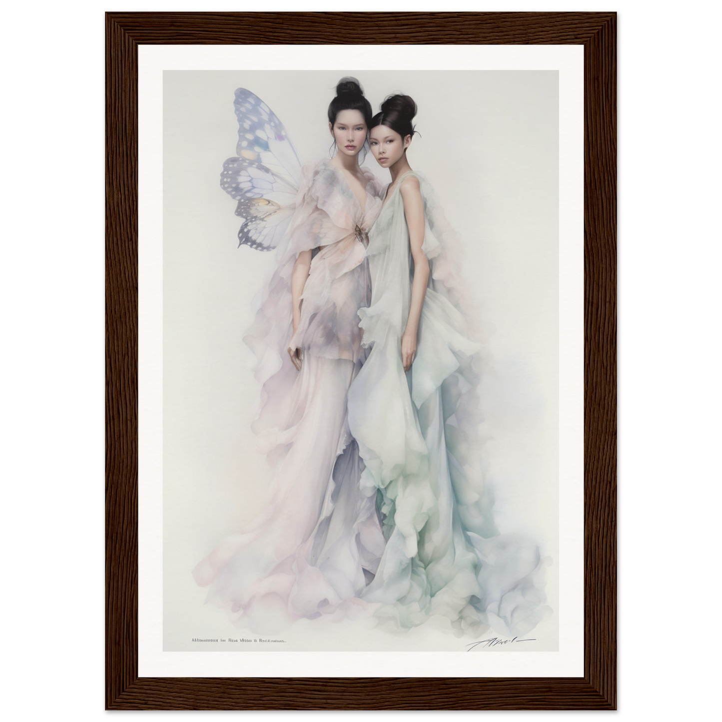 Watercolor painting of two ethereal figures with fairy-like wings in flowing, pastel-colored gowns.