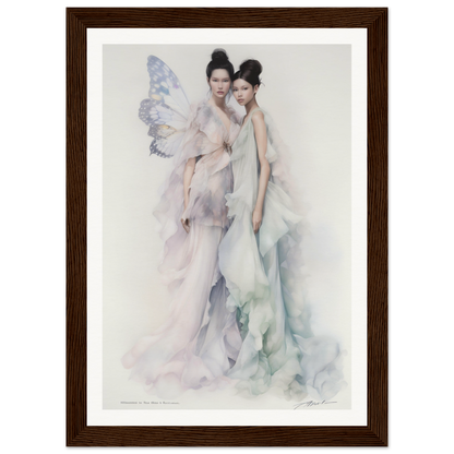 Watercolor painting of two ethereal figures with fairy-like wings in flowing, pastel-colored gowns.