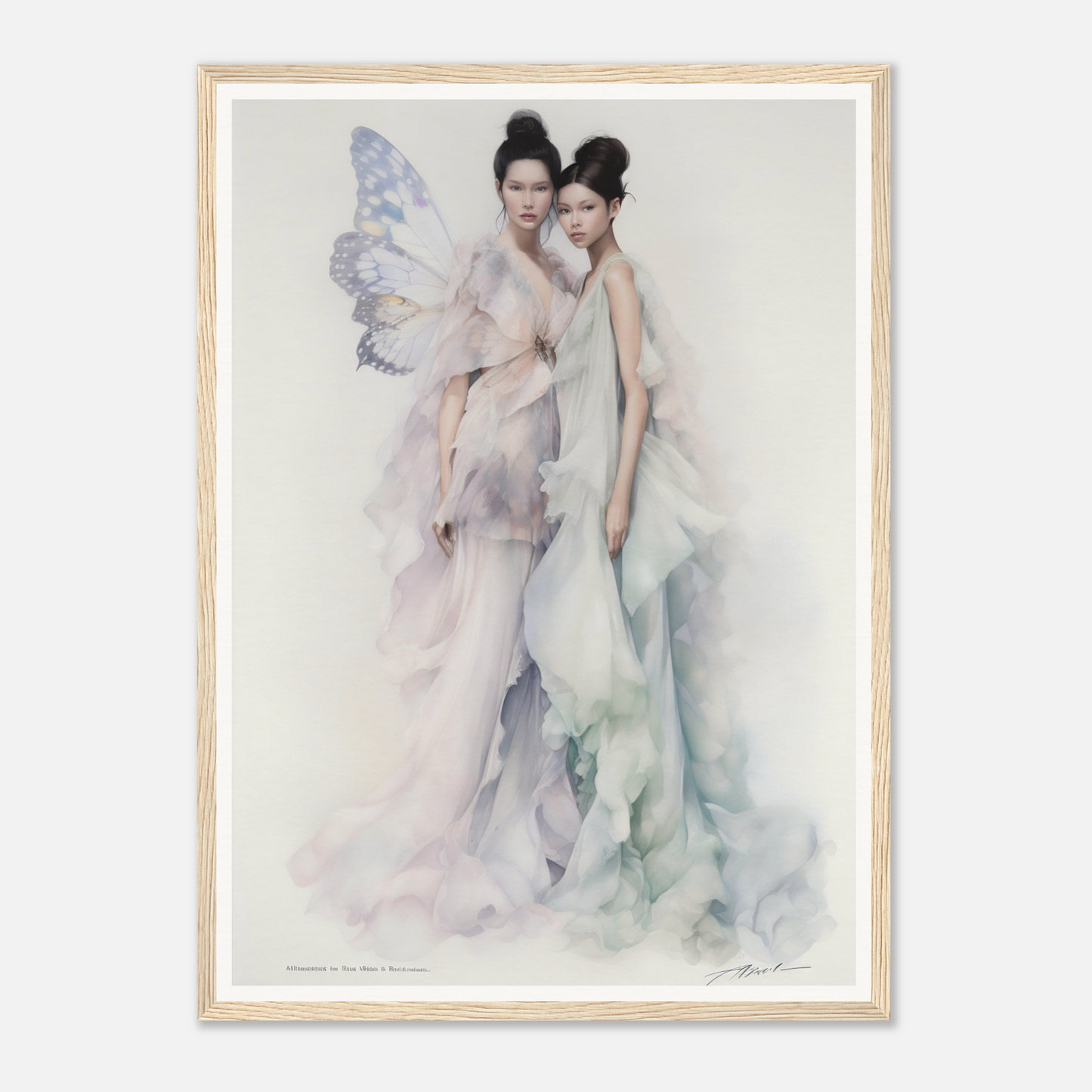 Ethereal painting of two graceful figures in flowing, pastel-colored gowns with fairy-like wings.