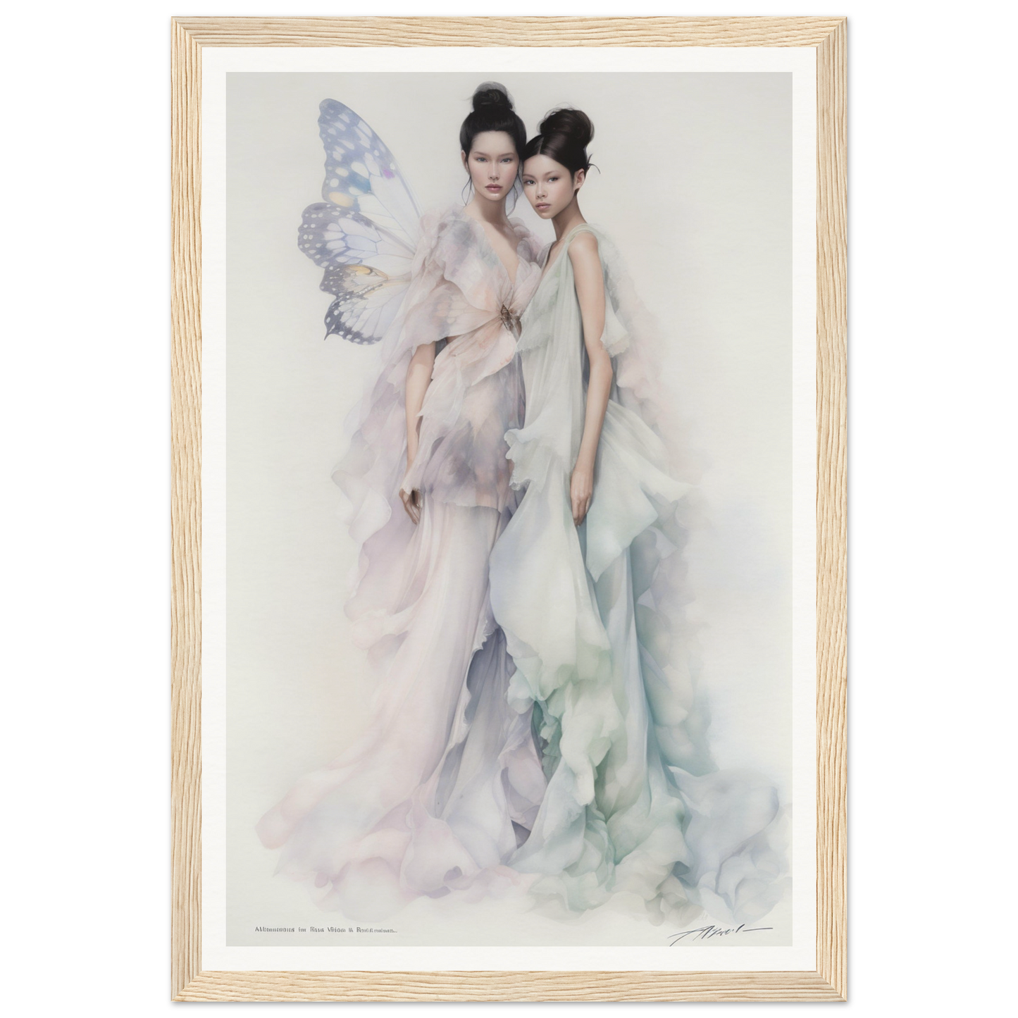 Watercolor painting of two women in flowing, ethereal gowns.