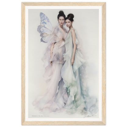 Watercolor painting of two women in flowing, ethereal gowns.