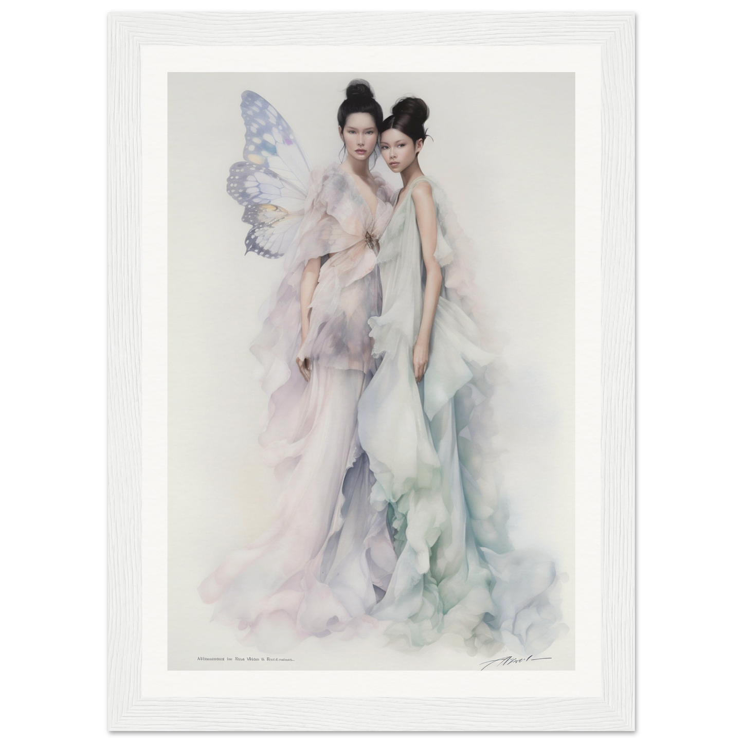 Ethereal watercolor painting of two graceful figures in flowing, diaphanous gowns.