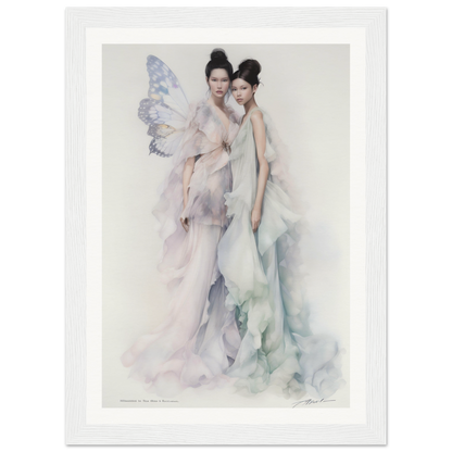 Ethereal watercolor painting of two graceful figures in flowing, diaphanous gowns.