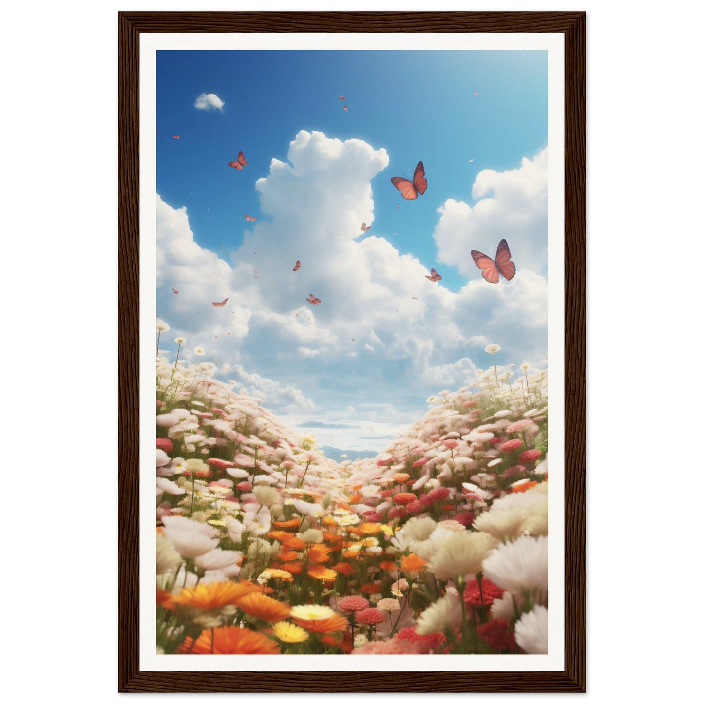 Framed artwork depicting a colorful flower field with butterflies against a cloudy sky.